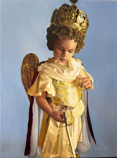 Francesco vestito da San Michele Arch. - 2024 Olio su lino, cm 30x40 Privato, Monte Sant’Angelo (FG)